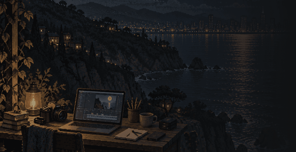 Pixel illustration of a desk with a laptop by the sea at night